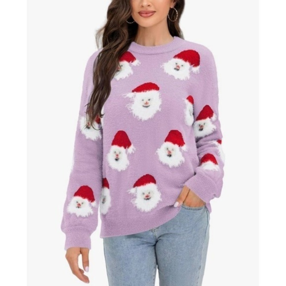 NEW Santa Claus Christmas XL Sweater Lavender‎ Purple Fuzzy Graphic Knit XL